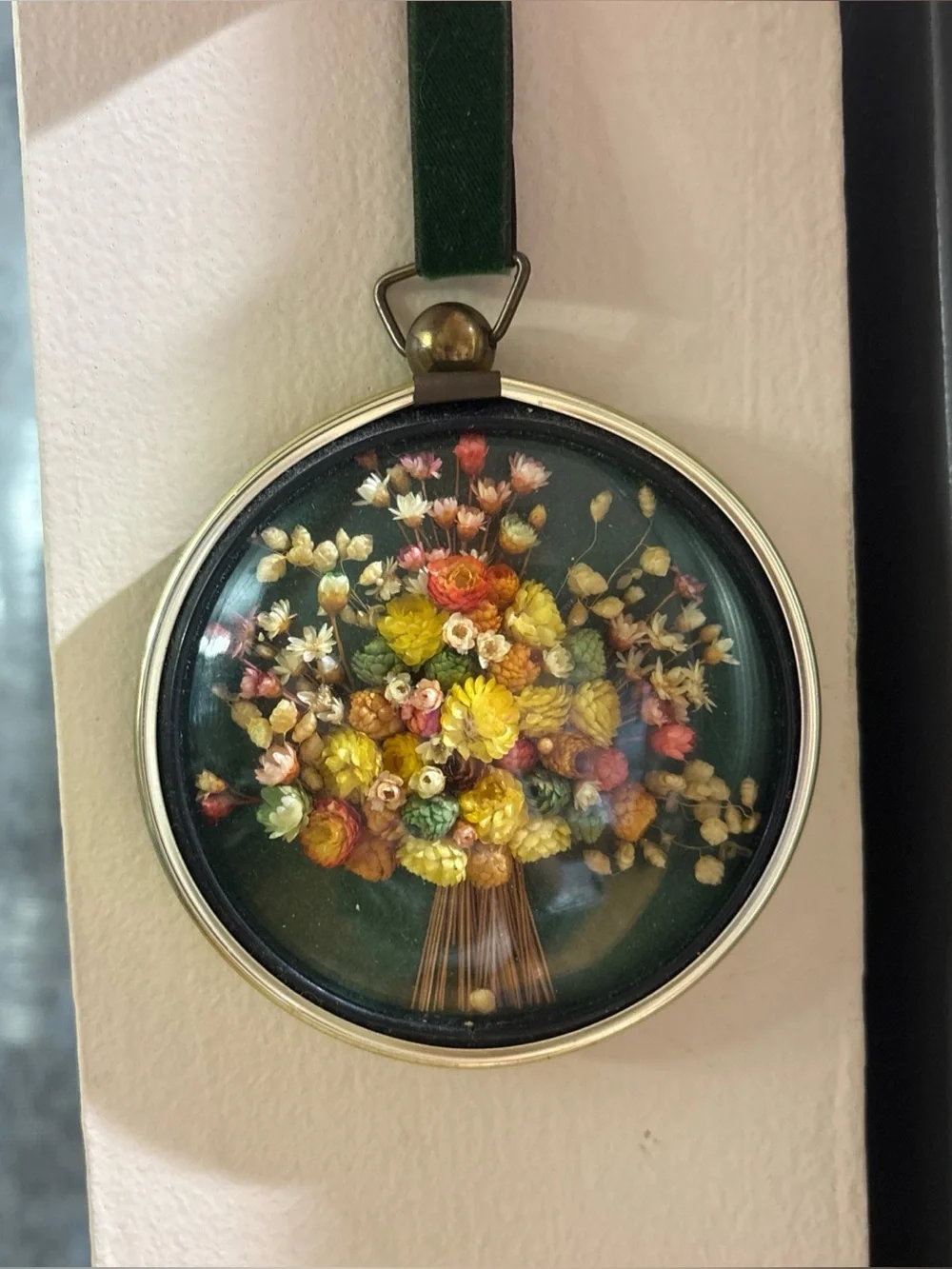 Vtg Cideart Round Bubble Glass Frames Dried Flowers Green Velvet